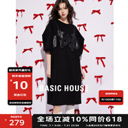 BASIC HOUSE/百家好酷颯隨性風(fēng)花朵小黑裙女2025夏減齡顯瘦T恤裙 黑色 M