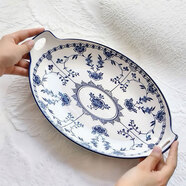 幾物森林 雙耳魚(yú)盤(pán)陶瓷蒸魚(yú)盤(pán)家用盤(pán)子西餐盤(pán)餃子盤(pán)酒店商用 青花12英寸