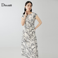 Ditto/迪圖2025秋季新款優(yōu)雅時(shí)尚圓領(lǐng)印花氣質(zhì)顯瘦優(yōu)雅百搭連衣裙 黑色 S