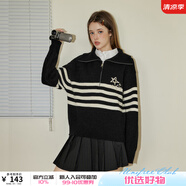 UNIFREE韓系甜美星星刺繡簡(jiǎn)約撞色條紋寬松翻領(lǐng)套頭毛衣 黑色 均碼