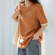 薩拉維夫 SLLAVIF品牌高檔翻袖花朵刺繡T恤女2025夏季棉質(zhì)圓領(lǐng)百搭顯瘦氣質(zhì)上衣女 焦糖黃 S 100斤以?xún)?nèi)