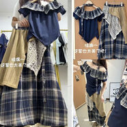 波西米亞復古一字肩格子短袖套裝女學(xué)生夏季新款蕾絲半身裙兩件套 藏藍套裝【一字肩加飄帶+松緊腰裙】 L