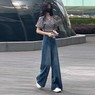 俞兆林藍色復古懷舊闊腿牛仔褲女2025年春秋新款寬松顯瘦垂感直筒拖地褲 復古藍-常規 S