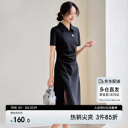 尚都比拉夏季通勤Polo裙腰短袖針織連衣裙女開叉A字裙 黑色142L54627  S