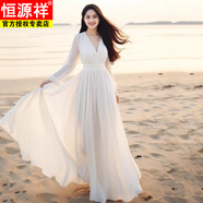 恒源祥沙灘裙大擺白色雪紡長(zhǎng)袖新款海邊度假氣質(zhì)收腰超仙波西米亞長(zhǎng)款裙 白色 M