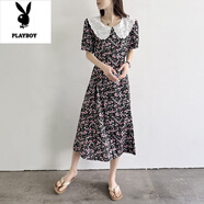 花花公子（PLAYBOY）蕾絲娃娃領(lǐng)棉綢碎花連衣裙女夏2025獨(dú)特絕美人造棉掐腰顯瘦長(zhǎng)裙子 粉白小花 3XL 適合90-115斤