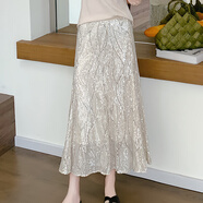 女哥亮片魚(yú)尾裙絕美裙子大碼半身裙女春夏2025新款長(cháng)裙 a字網(wǎng)紗包臀裙 杏色 薄款 L 建議105-116斤