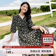 尚都比拉度假風(fēng)碎花連衣裙女夏天V領(lǐng)氣質(zhì)中長(zhǎng)裙收腰A字雪紡裙子 黑花  2XL