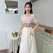 SKYHEART小仙女鏤空蕾絲刺繡雪紡連衣裙夏季清涼短袖中長(zhǎng)款 藍(lán)色 均碼