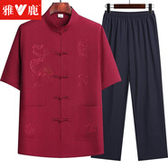 雅鹿男士睡衣夏季薄款爸爸中國風(fēng)冰絲短袖中老年人唐裝中式家居服套裝 紅色 【中國龍】套裝 S 165【100-115斤】 39