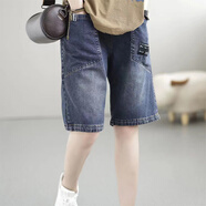 啄木鳥(niǎo)夏季薄款文藝休閑牛仔短褲女大碼寬松顯瘦百搭刺繡哈倫褲五分熱褲 205藍色 3XL _150-165斤