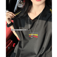 Shelley Jones 美式三色刺繡短袖t恤男生夏季潮牌五分半袖涼感寬松休閑圓領(lǐng)體恤 黑色 XL [推薦120-140斤]