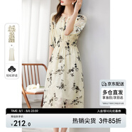 尚都比拉氣質(zhì)印花連衣裙女夏季高級(jí)感系帶領(lǐng)收腰顯瘦長(zhǎng)款a字裙 杏底黑花 M