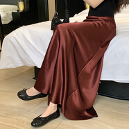 康多蜜半身裙女長款高個子加長緞面a字魚尾半身裙女法式高臀荷葉邊長裙 酒紅色[加長版] S 均碼