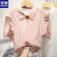 羅蒙（ROMON）2025新款韓國氣質(zhì)顯瘦翻領(lǐng)豎條荷葉邊拼接雪紡襯衫女夏薄款上衣潮 粉紅色 S
