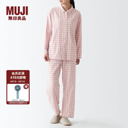 無印良品 MUJI 女式無側縫雙層紗織睡衣純棉全棉 FDA20C1A 女士家居服套裝 粉紅色格紋 S-M