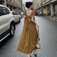 以純 YISHION溫柔風蝴蝶結連衣裙女夏季甜美小飛袖氣質收腰顯瘦A字長裙子 棕色 L _建議115-125斤