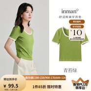 茵曼（INMAN）撞色羅紋棉女裝U領(lǐng)短袖T恤修身氣質(zhì)休閑通勤2025夏季新款短款上衣 青苔綠 S