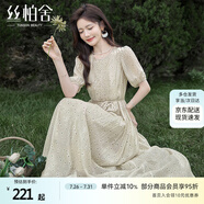 絲柏舍系帶連衣裙2024夏裝新款女裝優(yōu)雅甜美壓褶印花中長裙