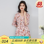 金菊夏季桑蠶絲100%V領拼接蕾絲荷葉邊新款碎花小個子女式連衣裙 粉色 2XL (175/96A)