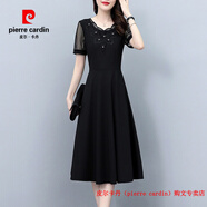 皮爾卡丹（pierre cardin）蕾絲連衣裙女士裝夏季2025新款氣質(zhì)中年媽媽高端洋氣顯瘦夏天裙子 黑色 L