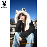 花花公子（PLAYBOY）高檔兔耳連帽座山雕毛毛領(lǐng)短外套男女秋冬寬松加厚毛絨保暖棉服 黑色(帶兔耳座山雕) S