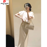 皮爾卡丹（pierre cardin）法式白色v領(lǐng)泡泡袖襯衫女夏季感氣質(zhì)小香風(fēng)短款花苞蓬蓬上衣 米白色上衣 S 建議80-100斤
