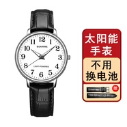伯恩（BOARRNE）中老年老人手表男女士太陽光能手表大數(shù)字生日禮物送爸爸媽媽爺爺 銀白盤-黑色皮帶-女表