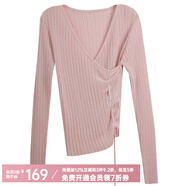 Olrain歐芮兒v領(lǐng)長(zhǎng)袖針織衫女初秋新款修身交叉系帶套頭衫 粉色 M