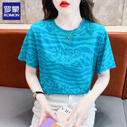 羅蒙（ROMON）時(shí)尚豹紋t恤女短袖女裝2025年夏季新款寬松印花刺繡棉質(zhì)上衣體恤 藍(lán)色 2XL 建議135-150斤