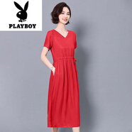 花花公子（PLAYBOY）v領(lǐng)重磅真銅氨絲夏季媽媽裝收腰連衣裙過(guò)膝七分袖短袖大擺長(zhǎng)裙 大紅色-短袖 M