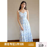 獨束大碼女裝浪漫度假風吊帶連衣裙微胖mm夏日新品清新多彩碎花裙 海島藍 L (尺碼：2)