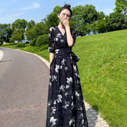 clotho Rennie品牌女裝碎花連衣裙女2025夏季新款氣質(zhì)顯瘦赫本復(fù)古小黑裙中長(zhǎng)款 黑色 S