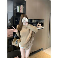 冉藝嵐同款不規(guī)則高領(lǐng)長袖套頭毛衣女秋冬毛毛拼接寬松針織衫中長款氣質(zhì) 咖色【高質(zhì)量】ak L 105-120斤
