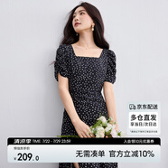尚都比拉法式連衣裙女夏季方領(lǐng)堆堆袖復(fù)古波點(diǎn)抽褶開叉A字裙 黑底白點(diǎn) S