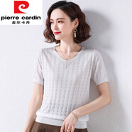 皮爾卡丹（pierre cardin）夏季鏤空冰絲針織衫薄款寬松時(shí)尚洋氣短袖T恤v領(lǐng)百搭套頭上衣 白色今年流行的輕奢品牌 S 建議70-85斤