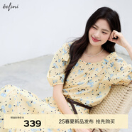 伊芙麗（eifini）伊芙麗棉黃色清新感花卉印花一字肩短袖小上衣 衫2025夏季新款 陽光黃 M