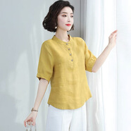 啄木鳥(niǎo)2025新款棉麻t恤女中袖亞麻短袖女夏季寬松大碼韓版顯瘦苧麻上衣 黃色 3XL 建議：145-170斤