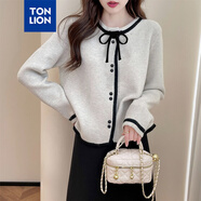 唐獅（TonLion）2025秋季女圓領撞色設計開衫簡約氣質(zhì)溫柔百搭淑女甜美毛衣
