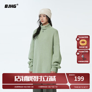 BJHG不計后果秋冬基礎款條紋高領毛衣男潮美式情侶寬松中性風針織衫女 淺茶綠 M