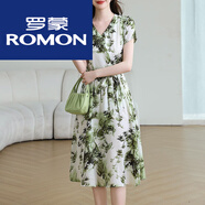 羅蒙品牌女裝雪紡連衣裙女2024夏季新款時(shí)尚收腰顯瘦印花簡約百搭裙子 綠色 M