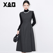 XAQ高端毛呢連衣裙女秋冬款法式名媛氣質(zhì)女神范修身羊毛呢無(wú)袖大擺裙 灰色 M