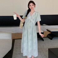 依鎏衣品夏季新款寬松遮肚拼接雪紡碎花孕婦連衣裙假兩件短袖吊帶孕婦裙 藍(lán)色9038# M建議90-115斤