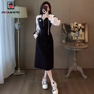 AEMAPE2025春季胖mm連帽拼色衛(wèi)衣裙女新款時尚收腰顯瘦A字修身中長群女 黑色薄款 2XL 建議125斤-145斤