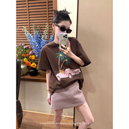 鷺青一原創(chuàng  )【環(huán)椰游】印花短袖t恤女2025新夏經(jīng)典設計感寬松上衣 咖色 S