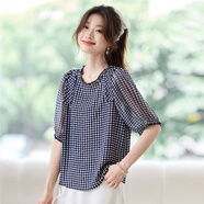 雪紡衫女裝夏季新款泡泡袖洋氣百搭短袖上衣小衫618大促包郵 藍色 L (110-120斤)