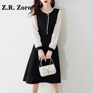 Z.R.Zoro奢侈品連衣裙女2025秋季新款時(shí)尚氣質(zhì)裙收腰顯瘦拼接假兩件裙子女 黑色 M
