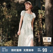 森馬（Semir）連衣裙女開叉泡泡袖中長裙夏方領雪紡碎花裙浪漫109324114014