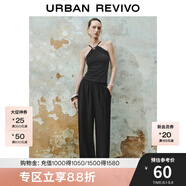 UR2025夏季新款女裝斜肩串珠裝飾褶皺雙吊帶背心UWH450064 黑色 XS
