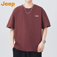 JEEP吉普純棉短袖t體恤男夏季新款薄款透氣帥氣百搭休閑寬松上衣 暗紅色JEEP吉普 【甄選精品】 3XL 建議 170-190斤